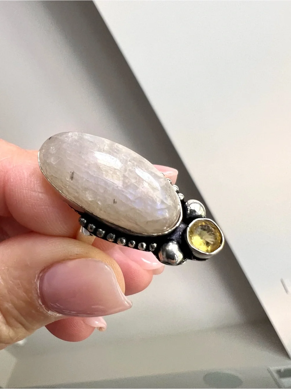 925 Solar Chakra Peach Moonstone Ring 8.25